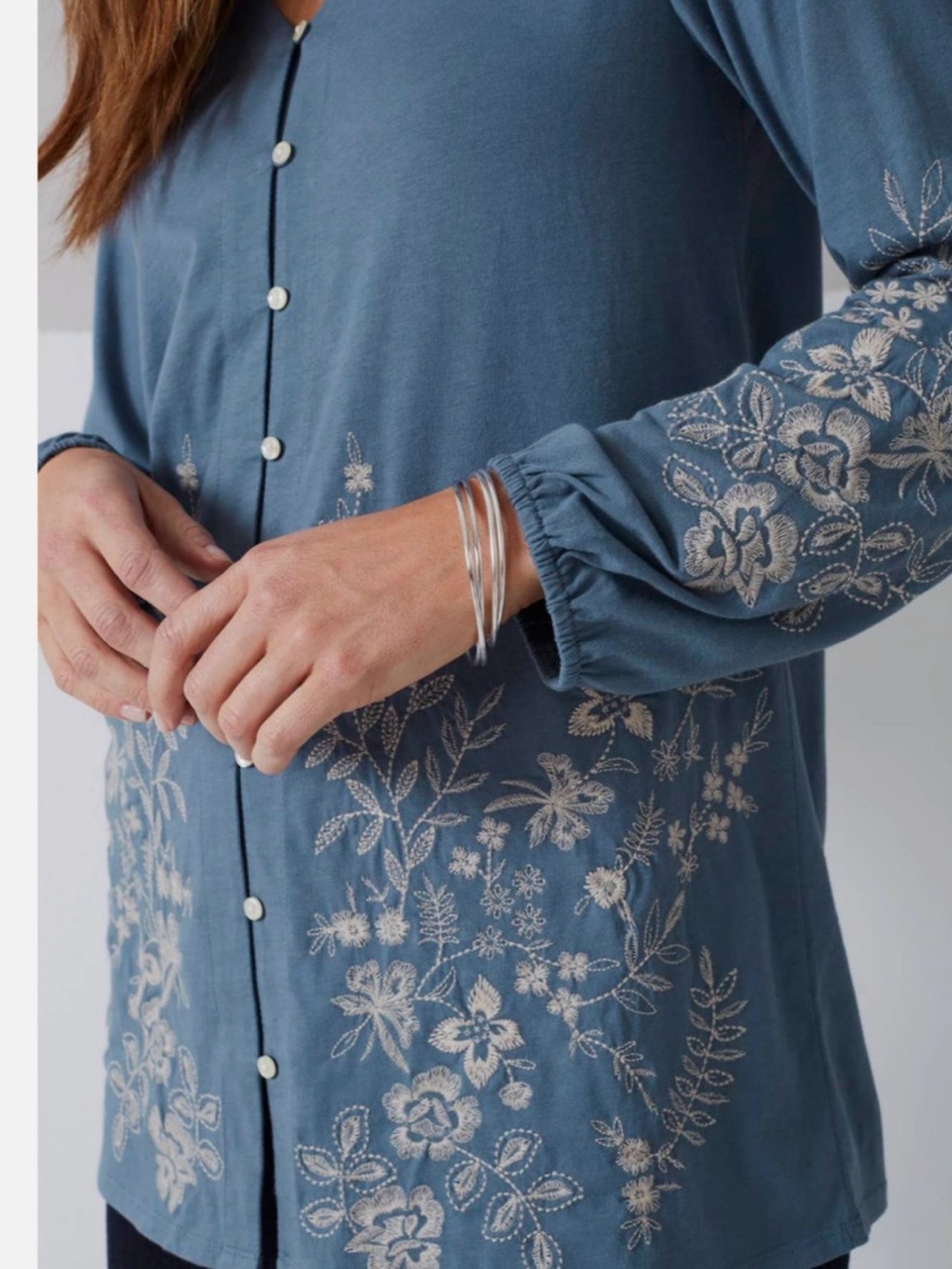 J. Jill Blue Button-Front Top with Cream Floral Embroidery - Picture 3 of 9